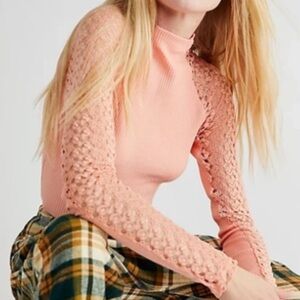 Free People Clementine Coral Crochet Sleeve Mock Neck Top